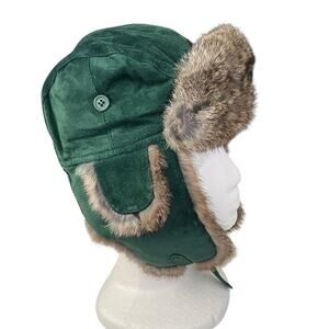 Paul Leinburd Trapper Hat Crowncap Size S/P Rabbit Fur Trim Aviator Green NEW